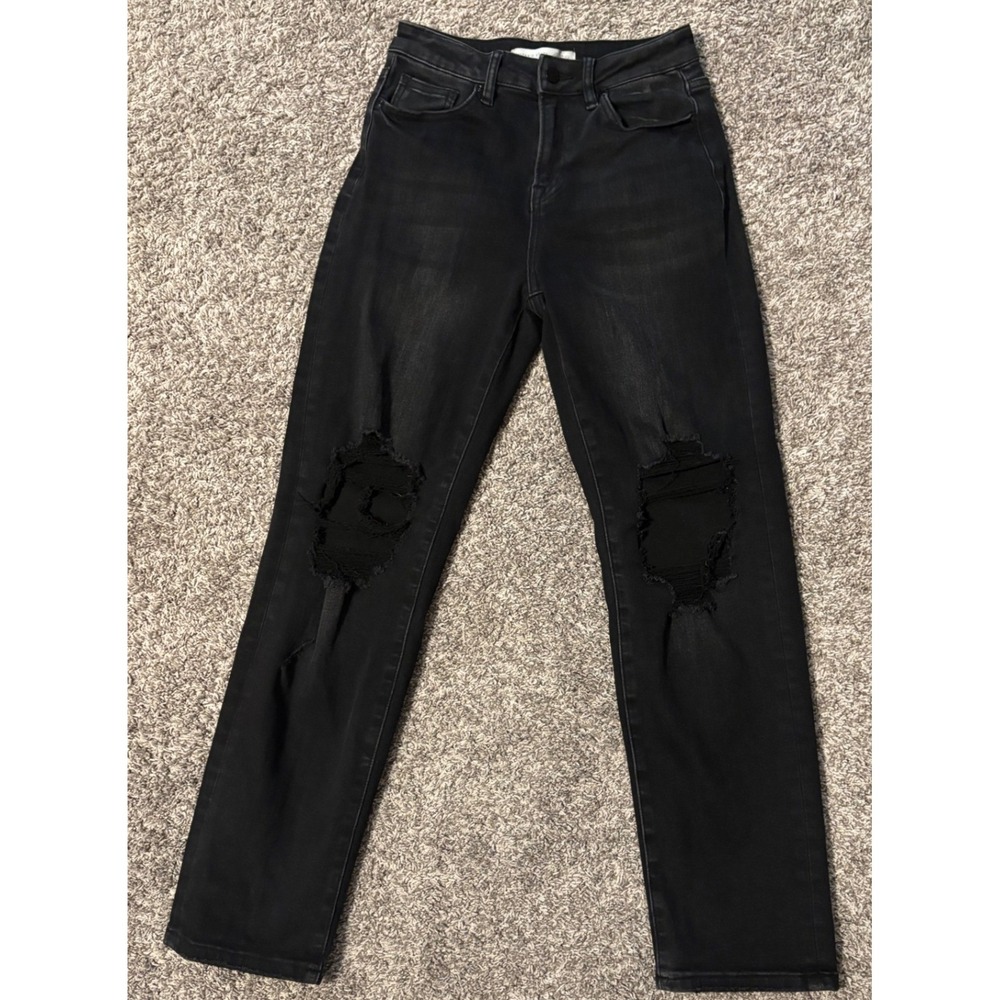 Altar'd State High Rise Distressed Straight Leg Jeans Black Size 24 Knee Ripped